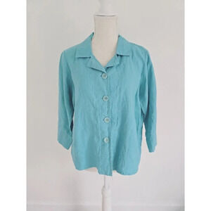 Flax NWT 100% Linen Button Down Collared Turquoise Blue Blouse Shirt Small S